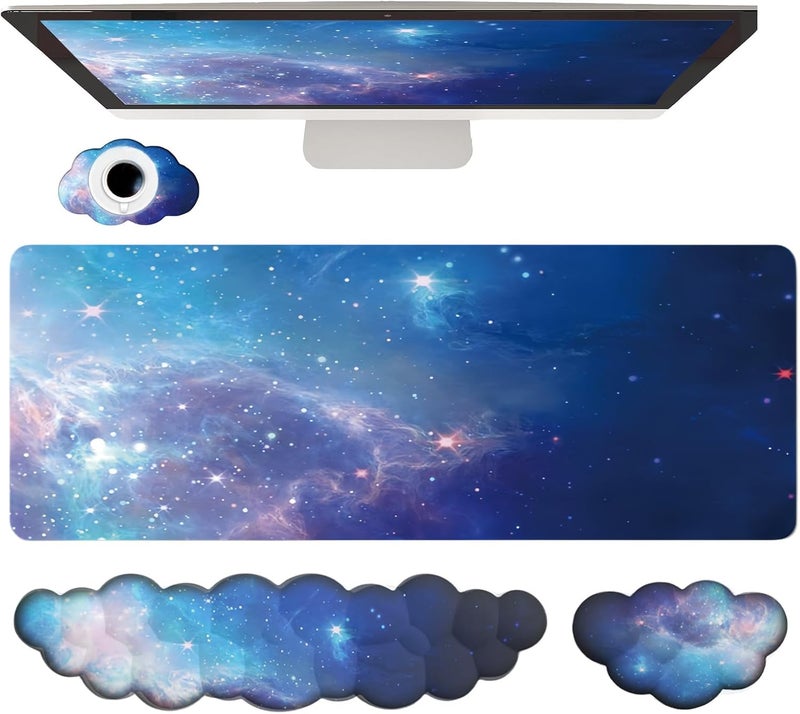 WFCYGL Cloud Wrist Rest Keyboard Galaxy Mouse Pad Set Gradient Blue Large Desk Mat Ergonomic Space Wrist Pad Memory Foam Non-Slip Stars Wrist Support for Computer Laptop Gaming Home Office Relief Typing Pain - Image 1